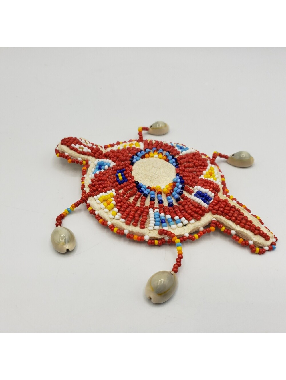 Native American Seed Bead Turtle Fetish Cowrie Shells Leather Red White Blue